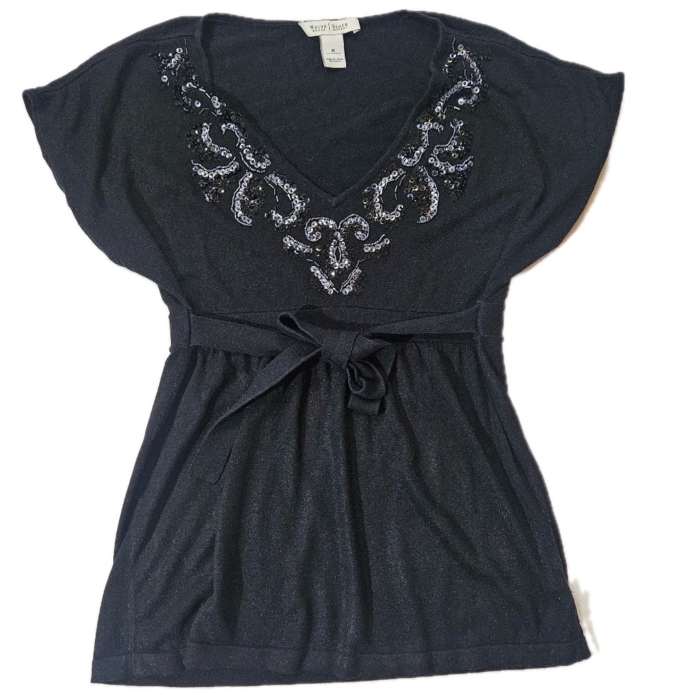 White House Black Market Blouse Womens‎ M Black Kimono Sequin Belted Relaxed
